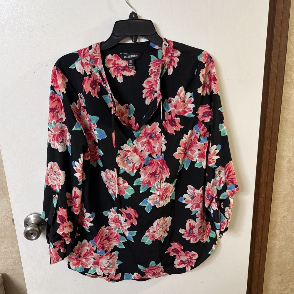 Ellen Tracy Womens Floral Lace Up Split Neck Blouse Black Pink Teal Sz S EUC